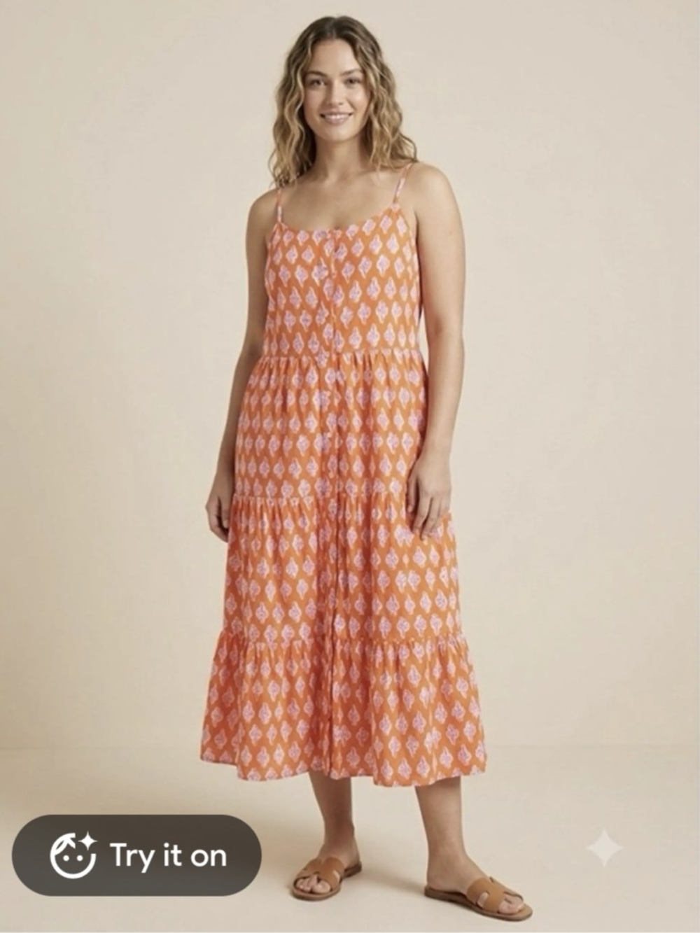 J. Crew Orange Printed Spaghetti-Strap Tiered Midi Dress